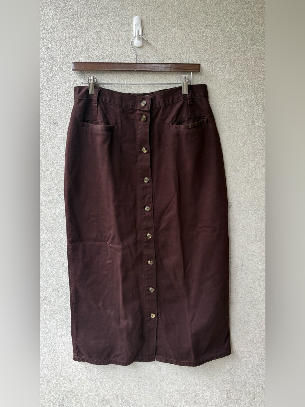 Bridgewater Basics Chocolate Brown 100% Cotton Button Front Midi Skirt 12